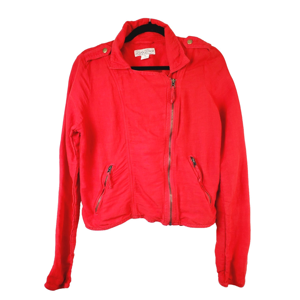 Lucky Brand Womens Medium Red Linen Blend Jacket Moto Zip Front